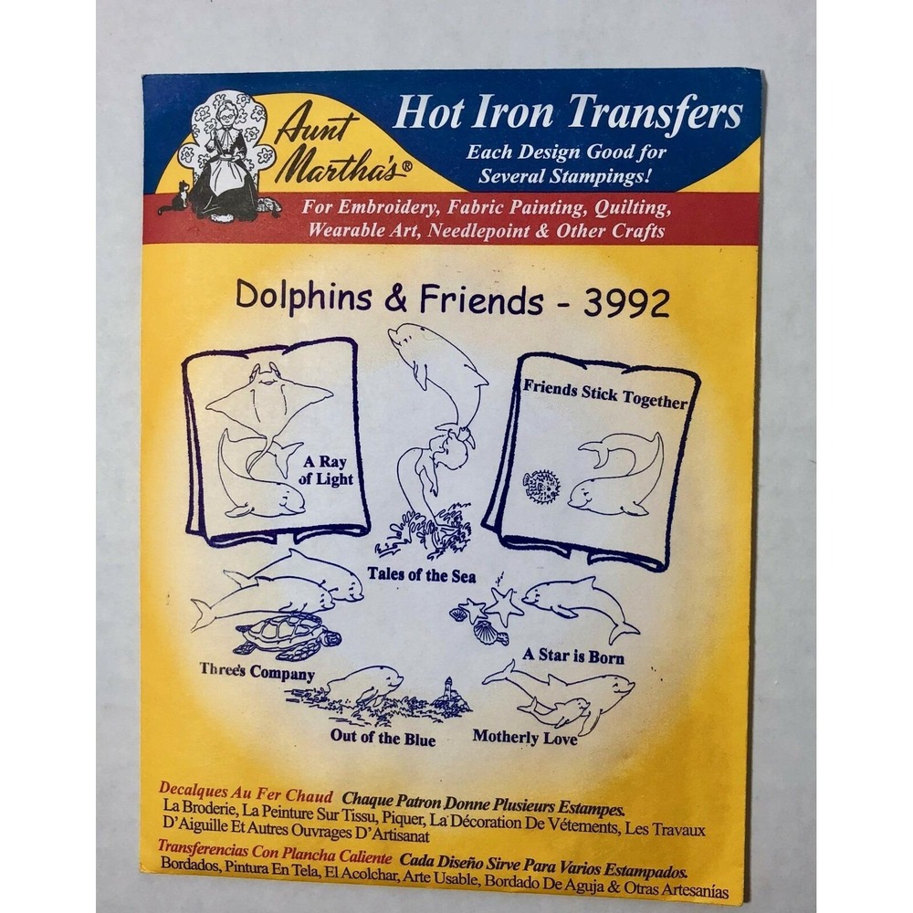 Embroidery Transfer Pattern Aunt Martha's Hot Iron Dolphins & Friends #3992